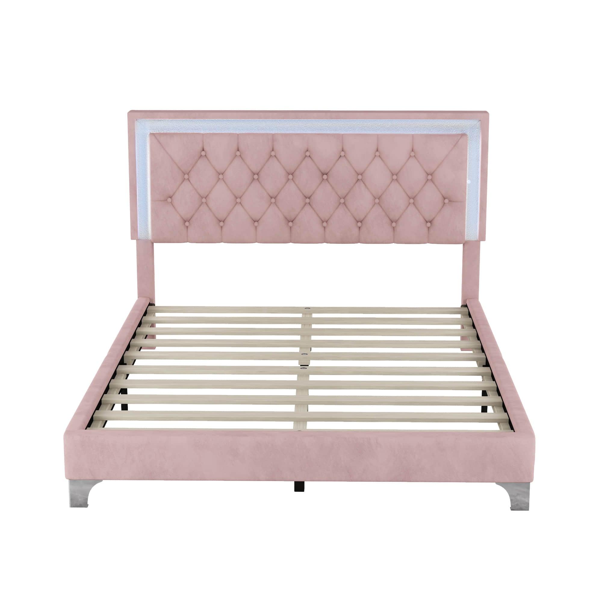 Modern Queen Size Upholstered Bed Frame with LED Lights and Headboard