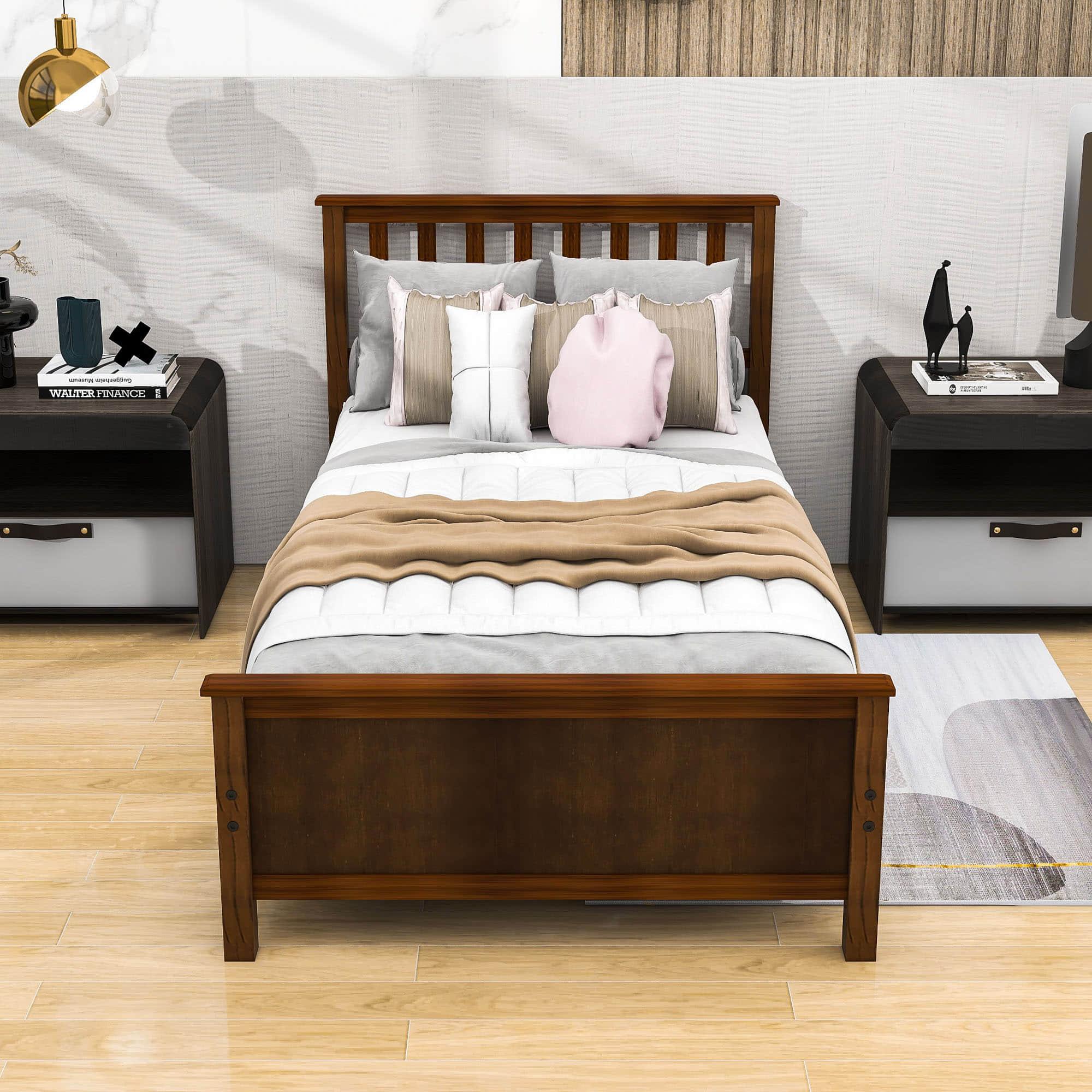 Wooden Twin Platform Bed with Headboard for Kids, Adult