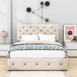 Full Linen Upholstered Platform Bed Frame with Headboard and Storage