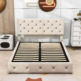 Queen Linen Upholstered Platform Bed Frame with Headboard and Storage