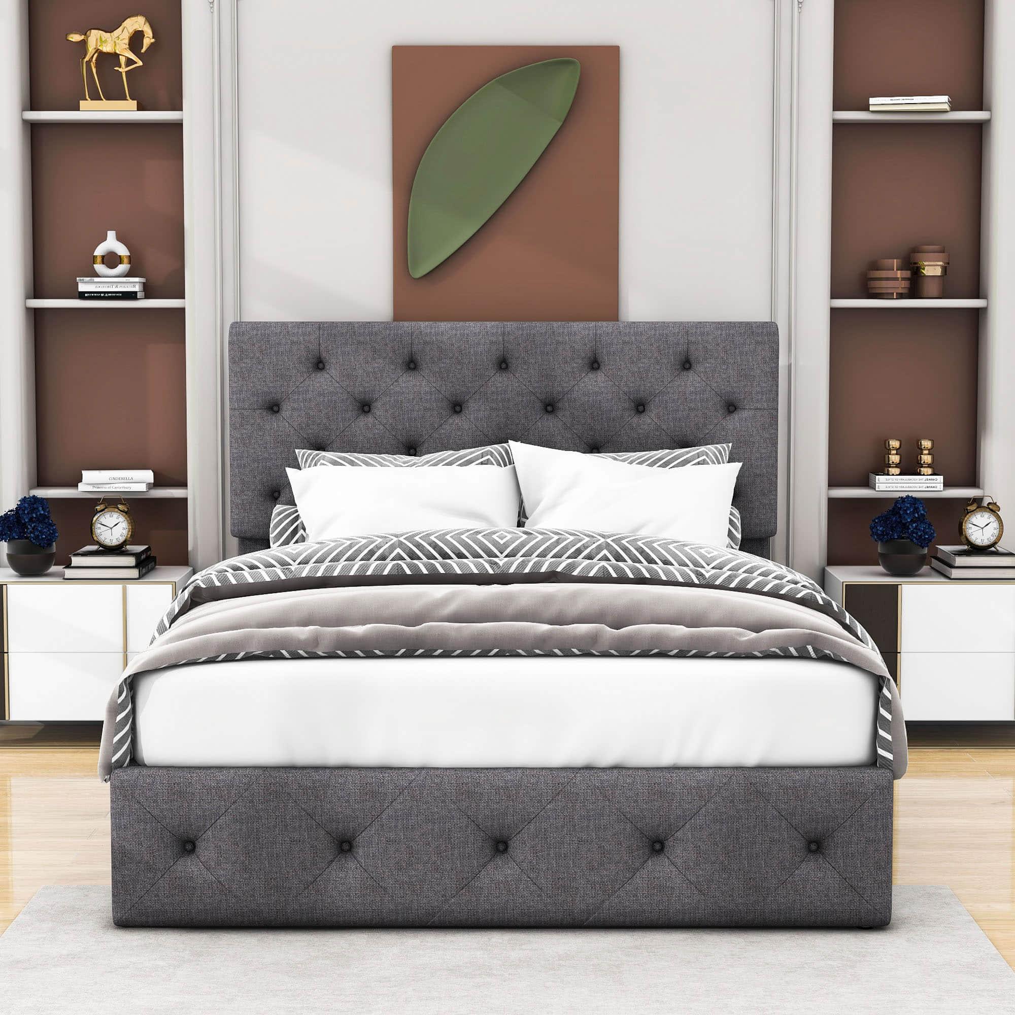 Full Linen Upholstered Platform Bed Frame with Headboard and Storage