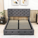 Queen Linen Upholstered Platform Bed Frame with Headboard and Storage