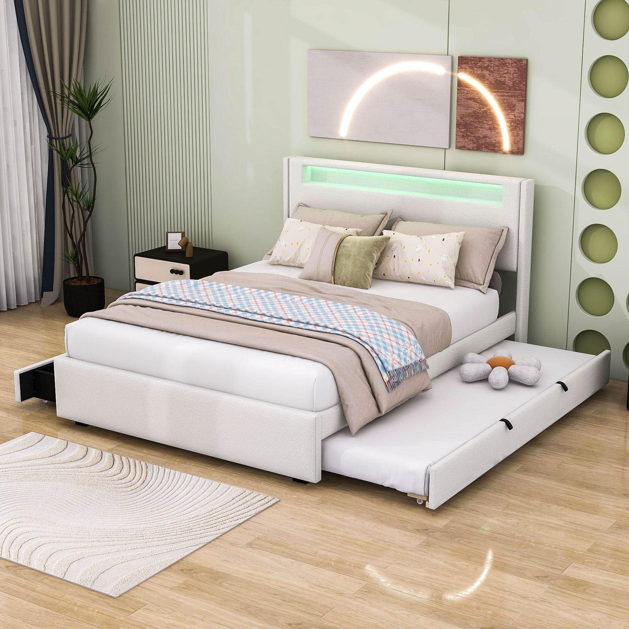 Modern Queen Upholstered Platform Bed with LED Frame and Twin XL Trundle