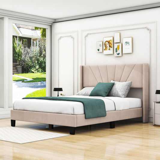 Queen Size Velvet Upholstered Platform Bed Frame with Headboard