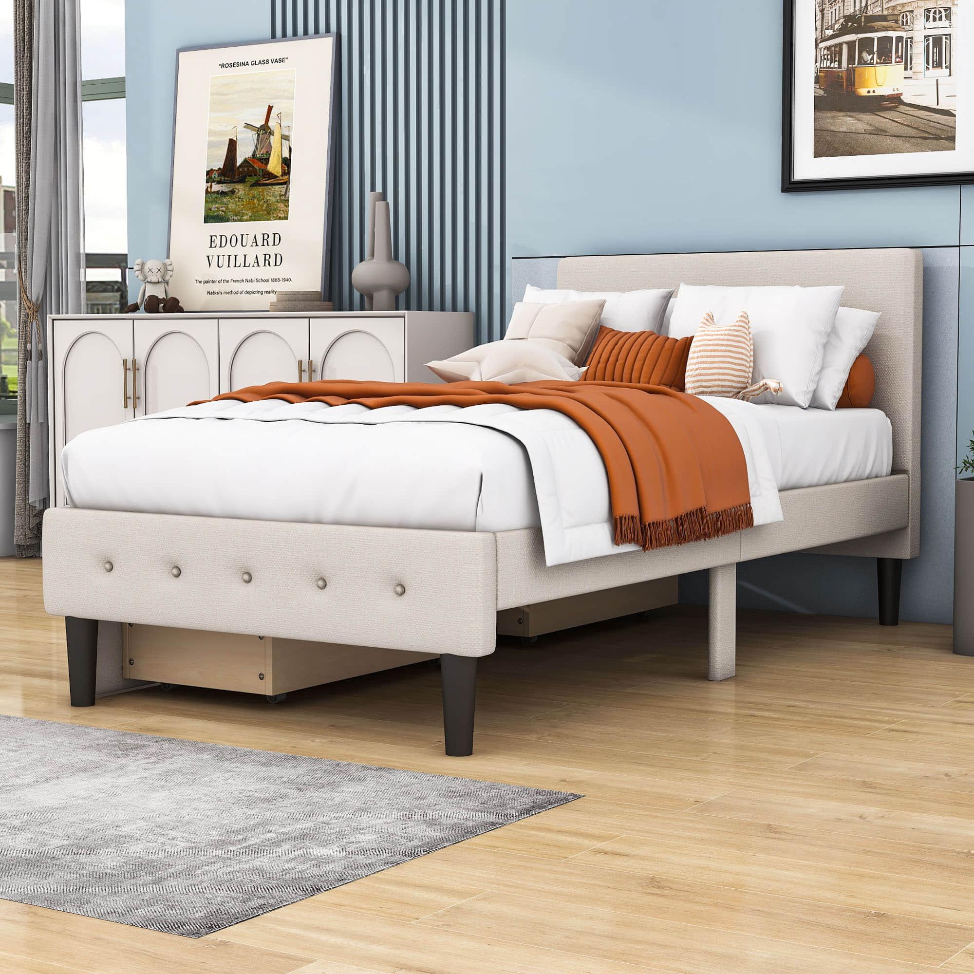 Modern Twin Size Upholstered Platform Bed with Under Bed Storage Drawers