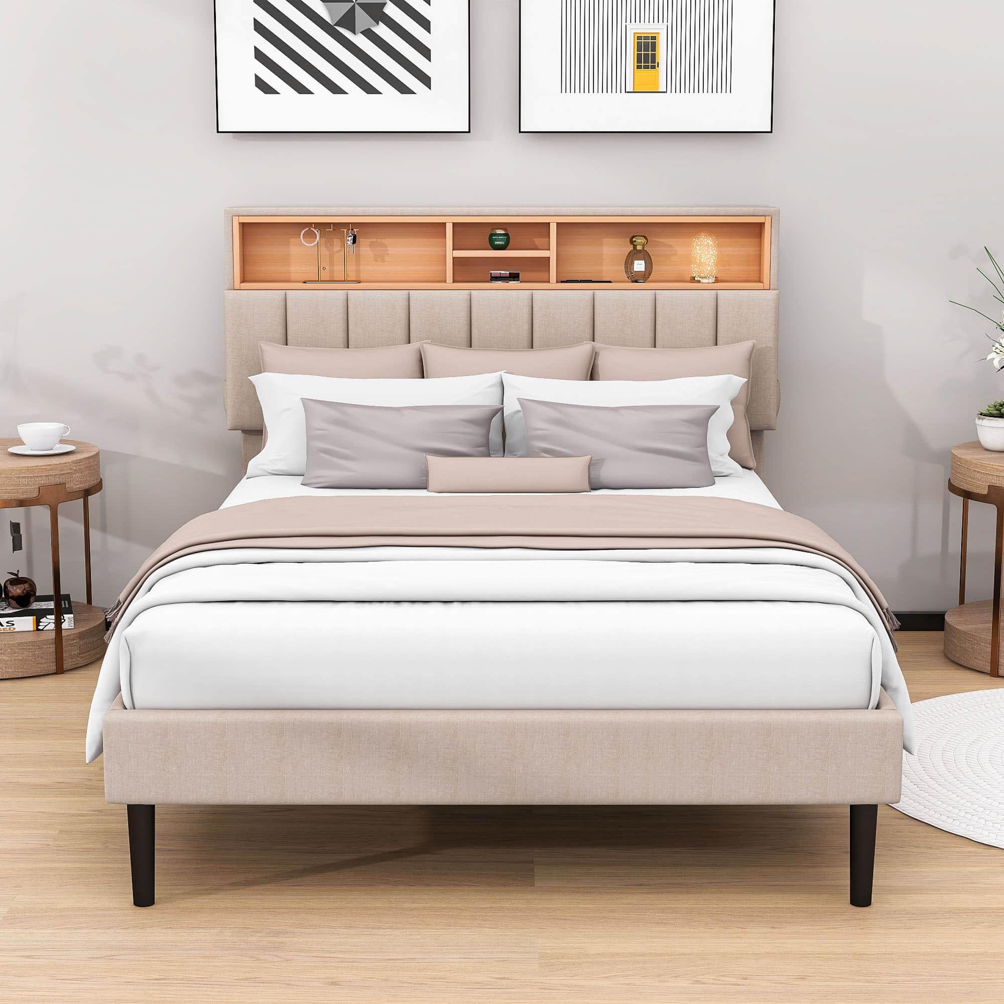 Mid-Century Modern Full Size Upholstered Platform Bed Frame with Storage