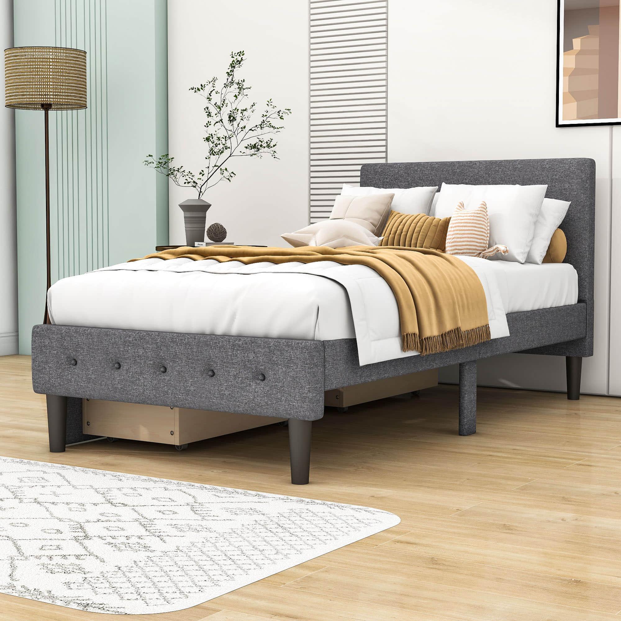 Modern Twin Size Upholstered Platform Bed with Under Bed Storage Drawers