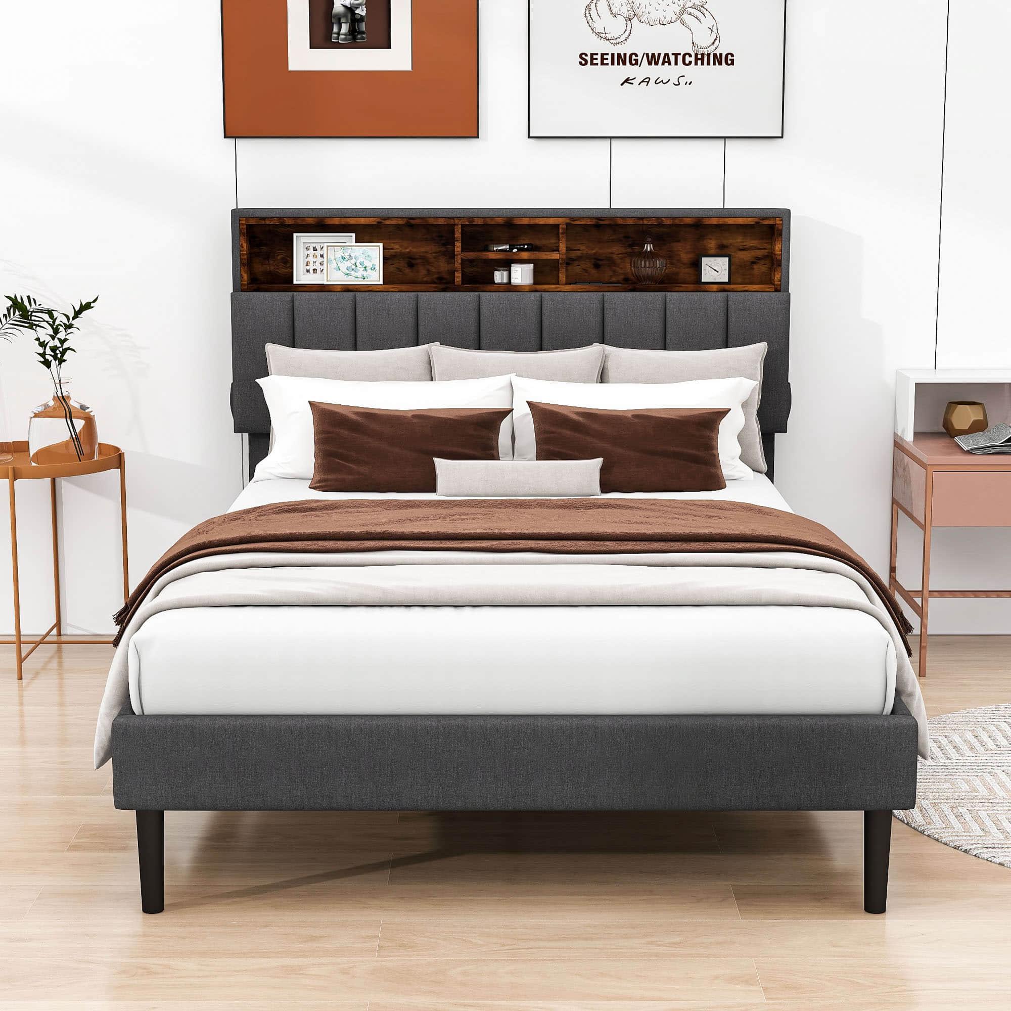 Mid-Century Modern Full Size Upholstered Platform Bed Frame with Storage