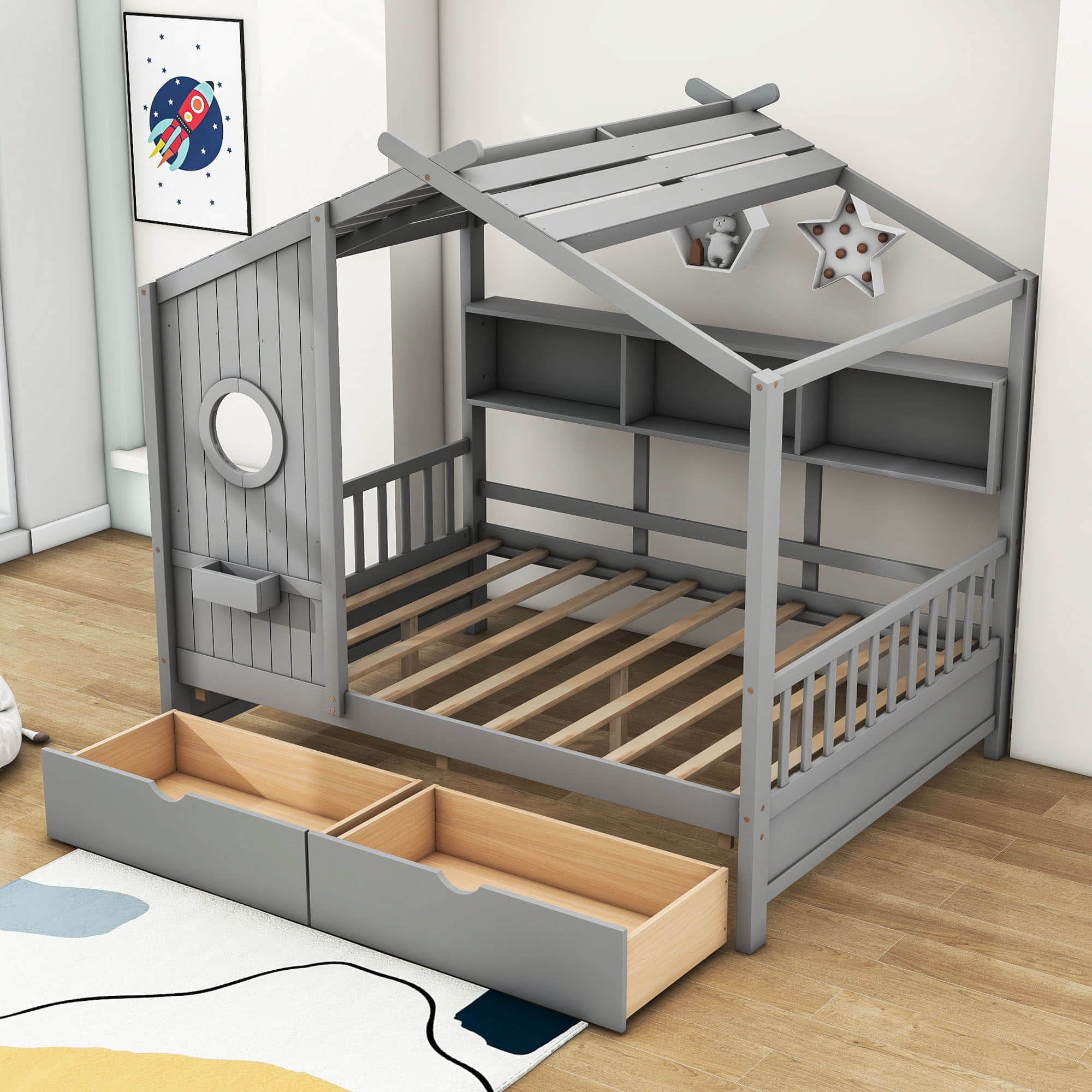 Kids Wooden Full Size House Bed with Storage Drawers, Shelves