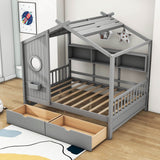 Kids Wooden Full Size House Bed with Storage Drawers, Shelves