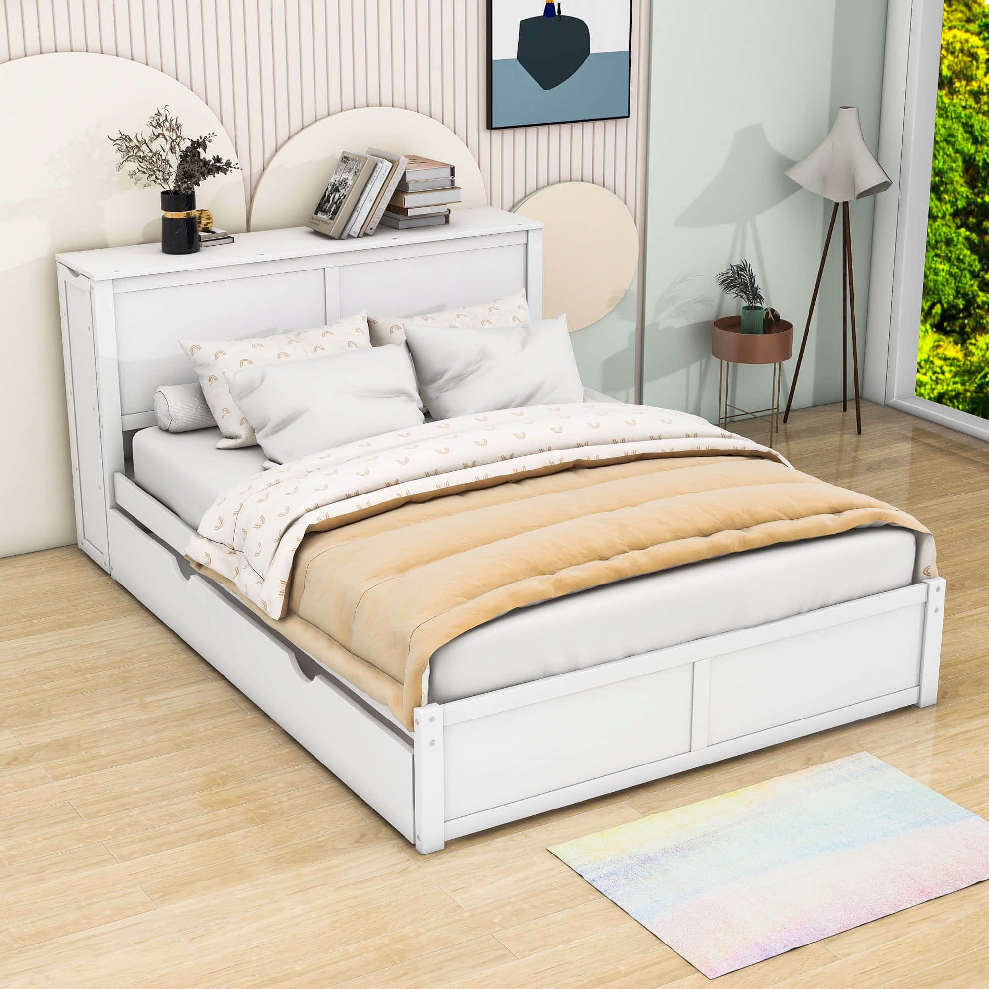 Queen Platform Bed Frame with Pull Out Shelves and Twin XL Trundle