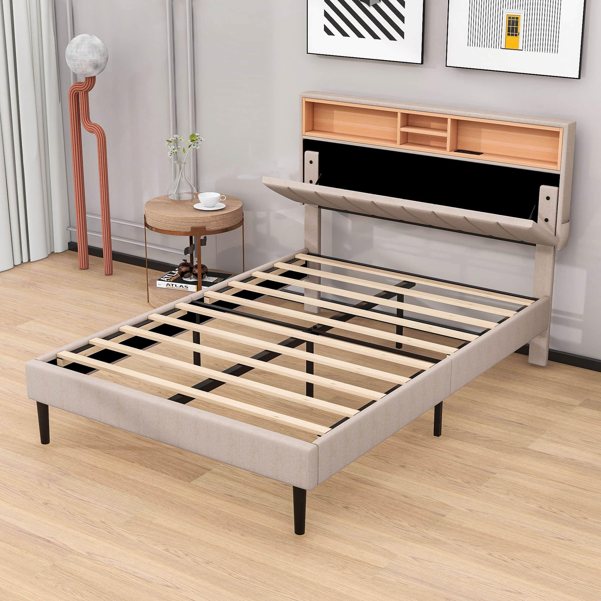 Mid-Century Modern Full Size Upholstered Platform Bed Frame with Storage