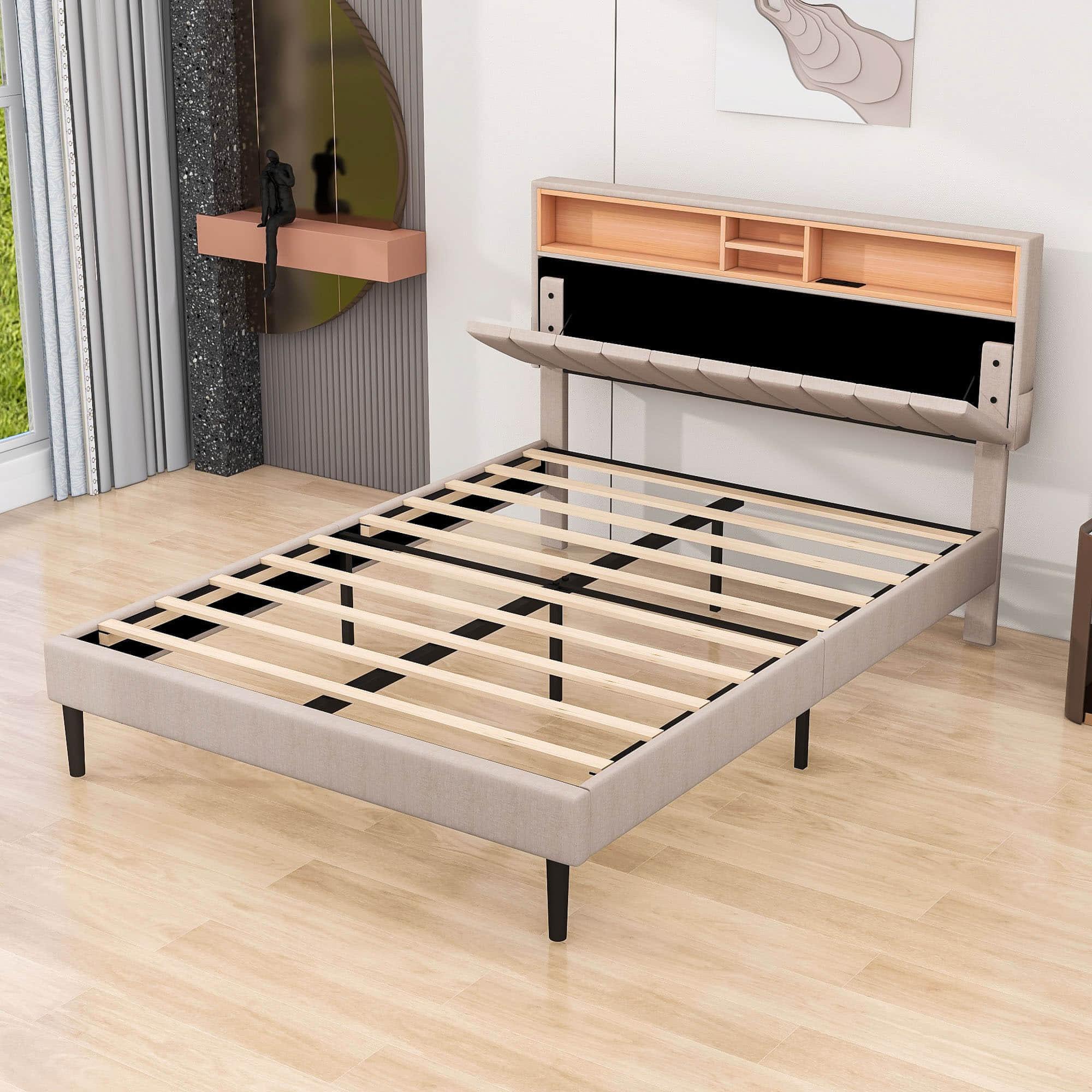 Mid-Century Modern Queen Size Upholstered Platform Bed Frame with Storage