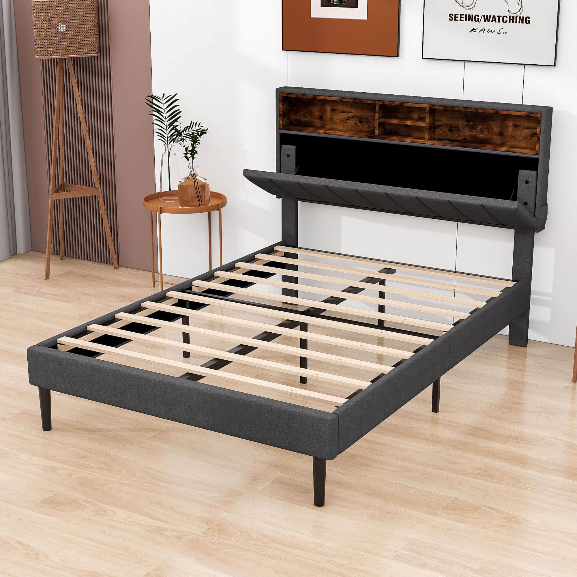 Mid-Century Modern Full Size Upholstered Platform Bed Frame with Storage