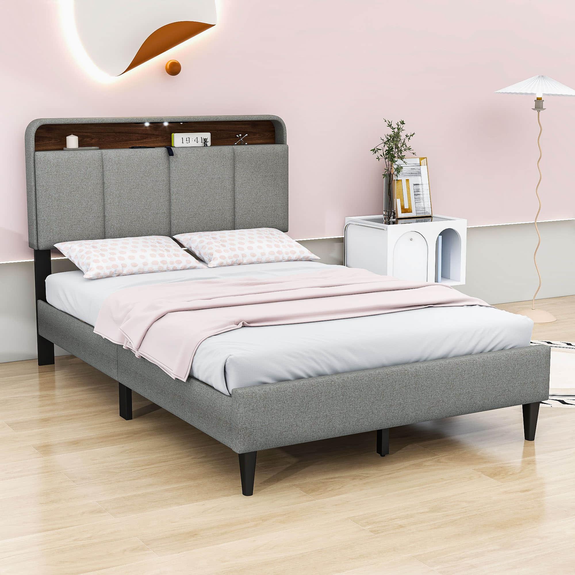 Smart Full Size Platform Upholstered Bed Frame with Storage Headboard