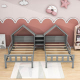 Double Twin Size Kids Platform Bed Frame with House-Shaped Headboard