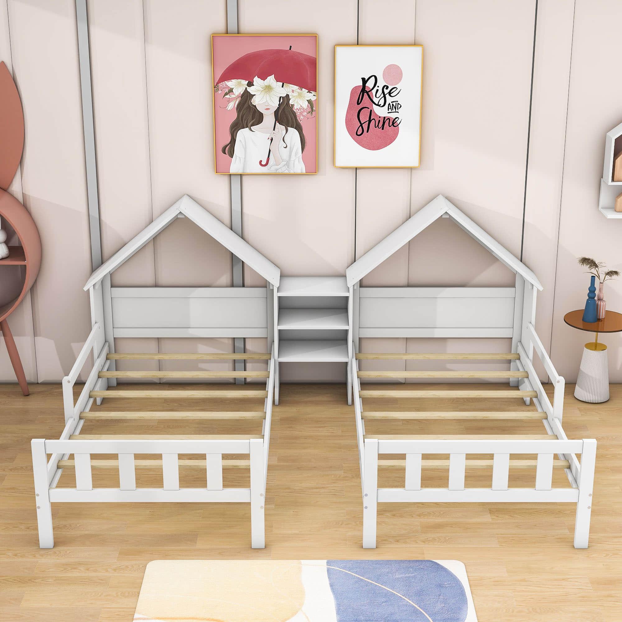 Double Twin Size Kids Platform Bed Frame with House-Shaped Headboard