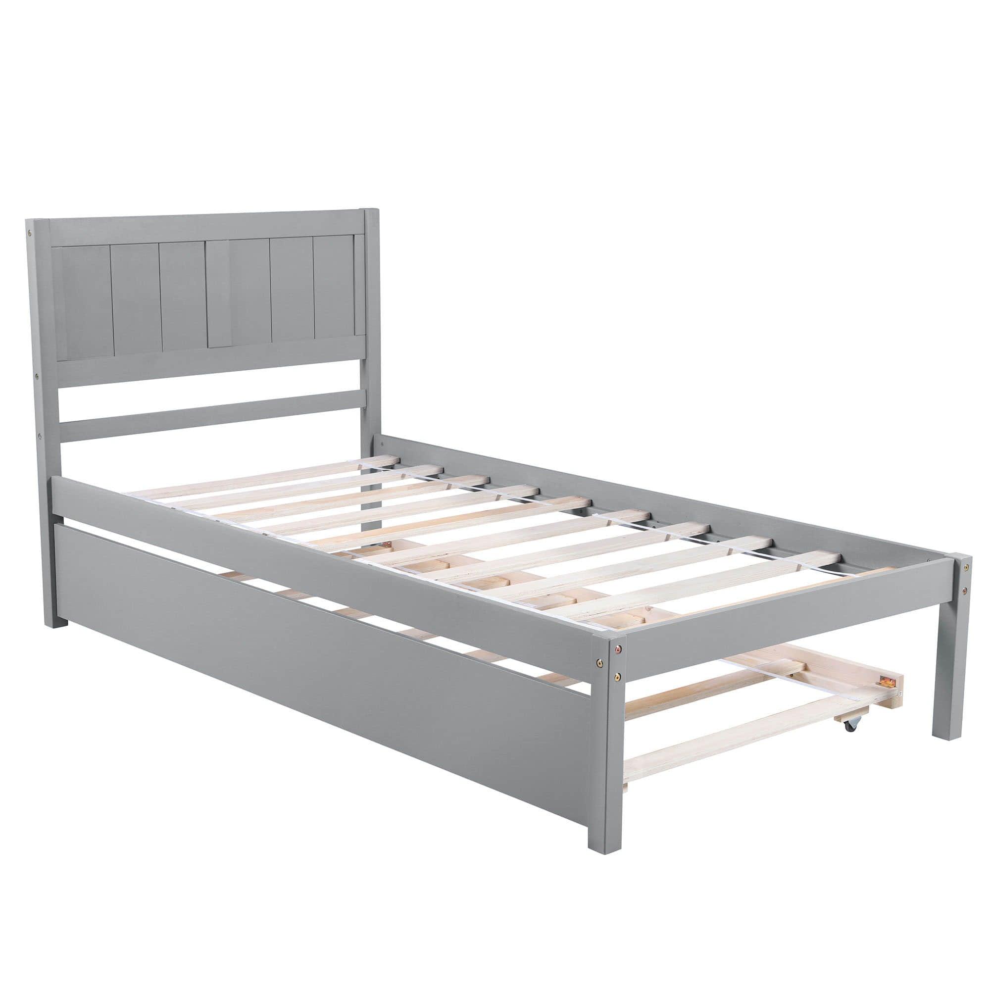 Wooden Twin Platform Bed with Twin Trundle and Headboard