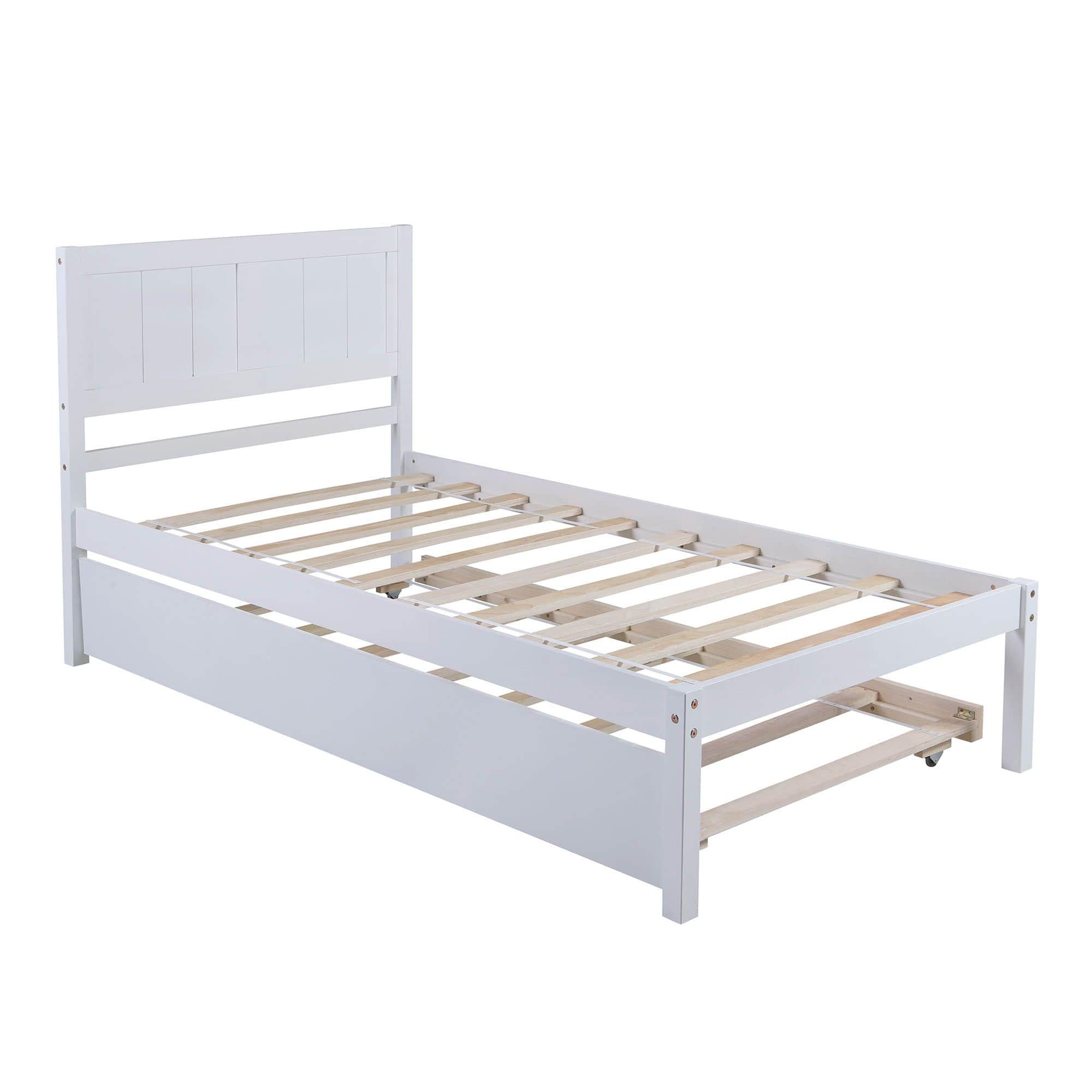 Wooden Twin Platform Bed with Twin Trundle and Headboard