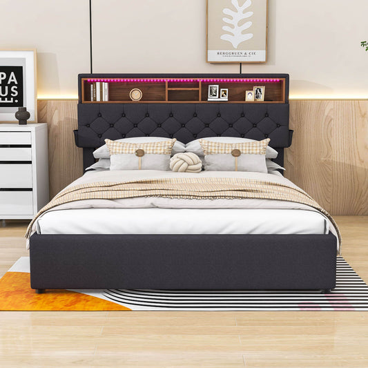 Modern Smart Queen Upholstered Bed Frame with Storage Headboard, LED Lights