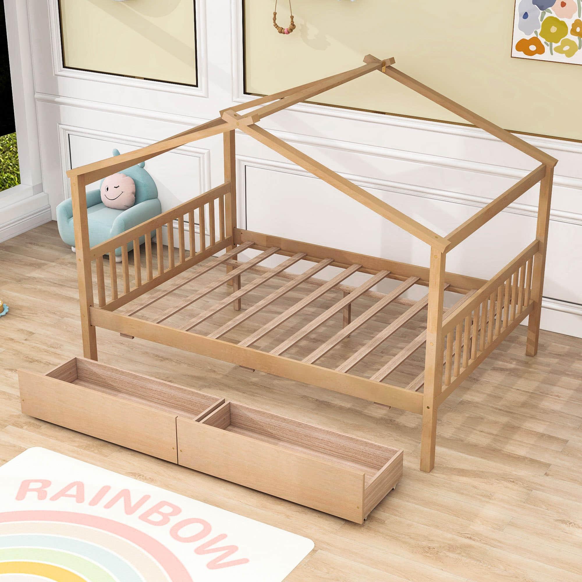 Wooden Full Size House Bed with Storage Drawers for Kids