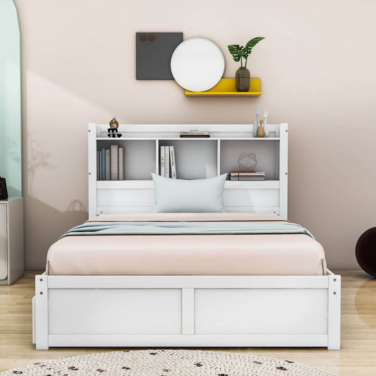 Full Platform Bed Frame with Twin Trundle Bed and Storage Headboard