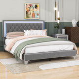 Modern Queen Size Upholstered Bed Frame with LED Lights and Headboard