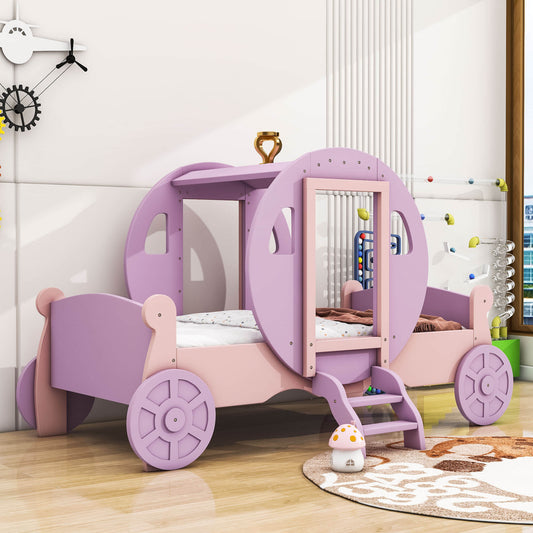 Twin Wood Girls Princess Bed with Stairs - [Carriage Bed with Crown]