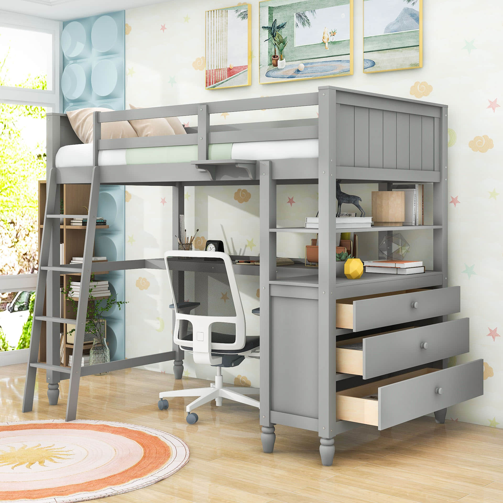 Twin Size Convertible Loft Bed with Desk and Storage - [Dresser, Shelves]