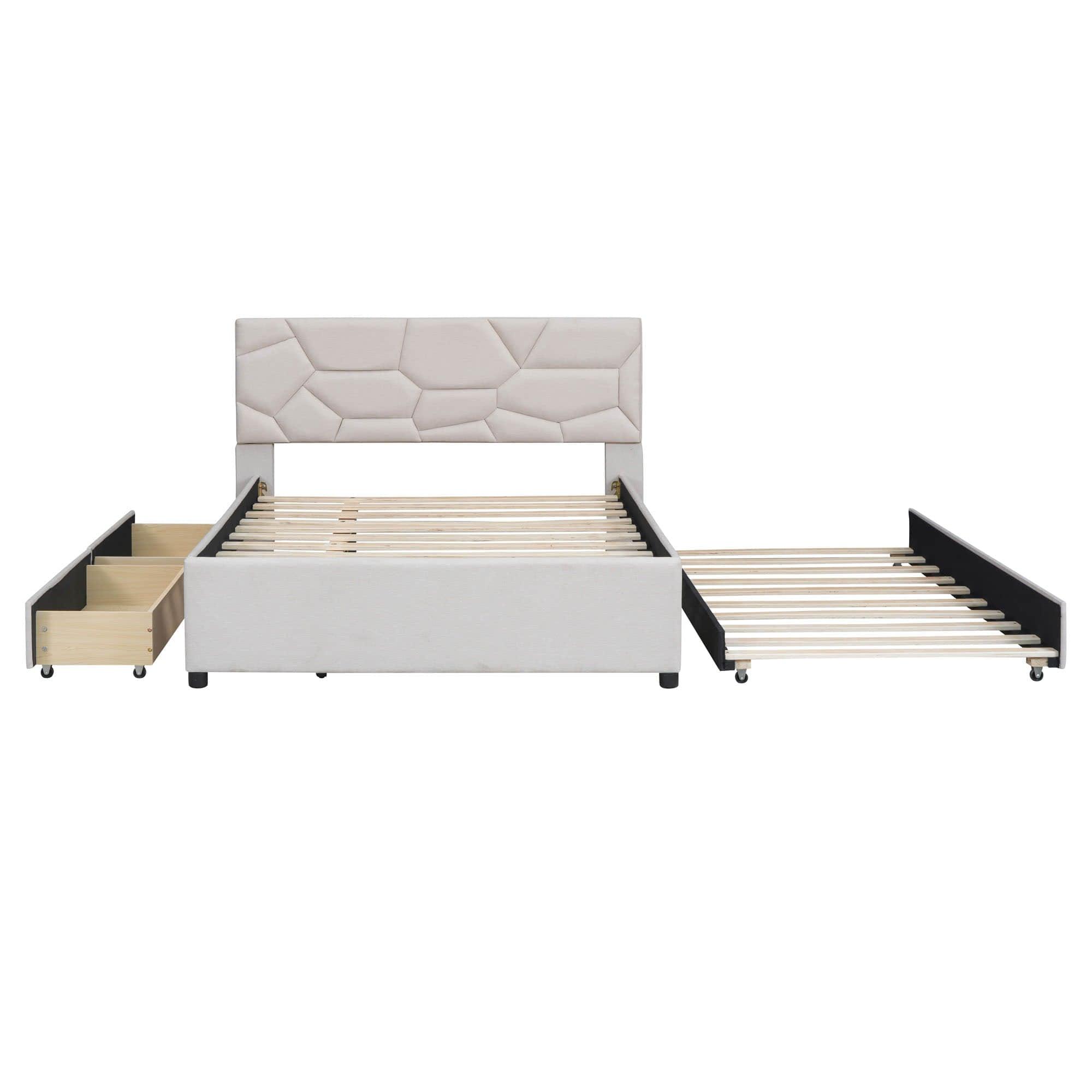 Full Size Upholstered Platform Bed with Trundle and Storage - [Drawers, Linen]