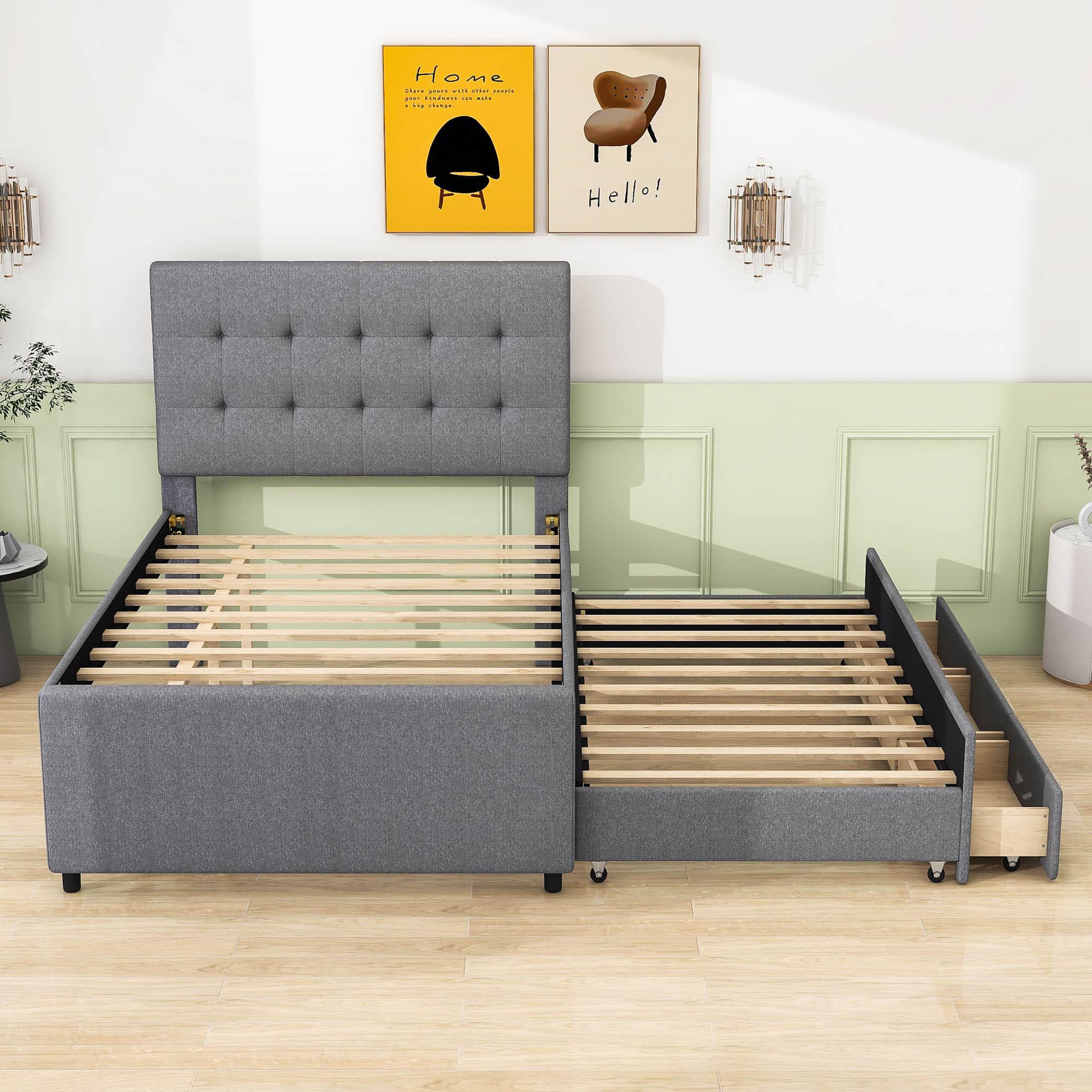 Full Size Linen Upholstered Platform Bed Frame with Storage and Trundle