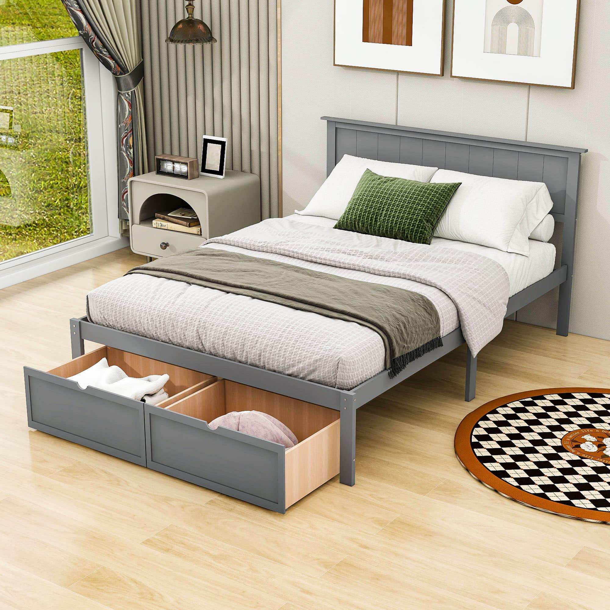 Full Size Platform Bed Frame with Under bed Storage - [Wooden, Drawers]