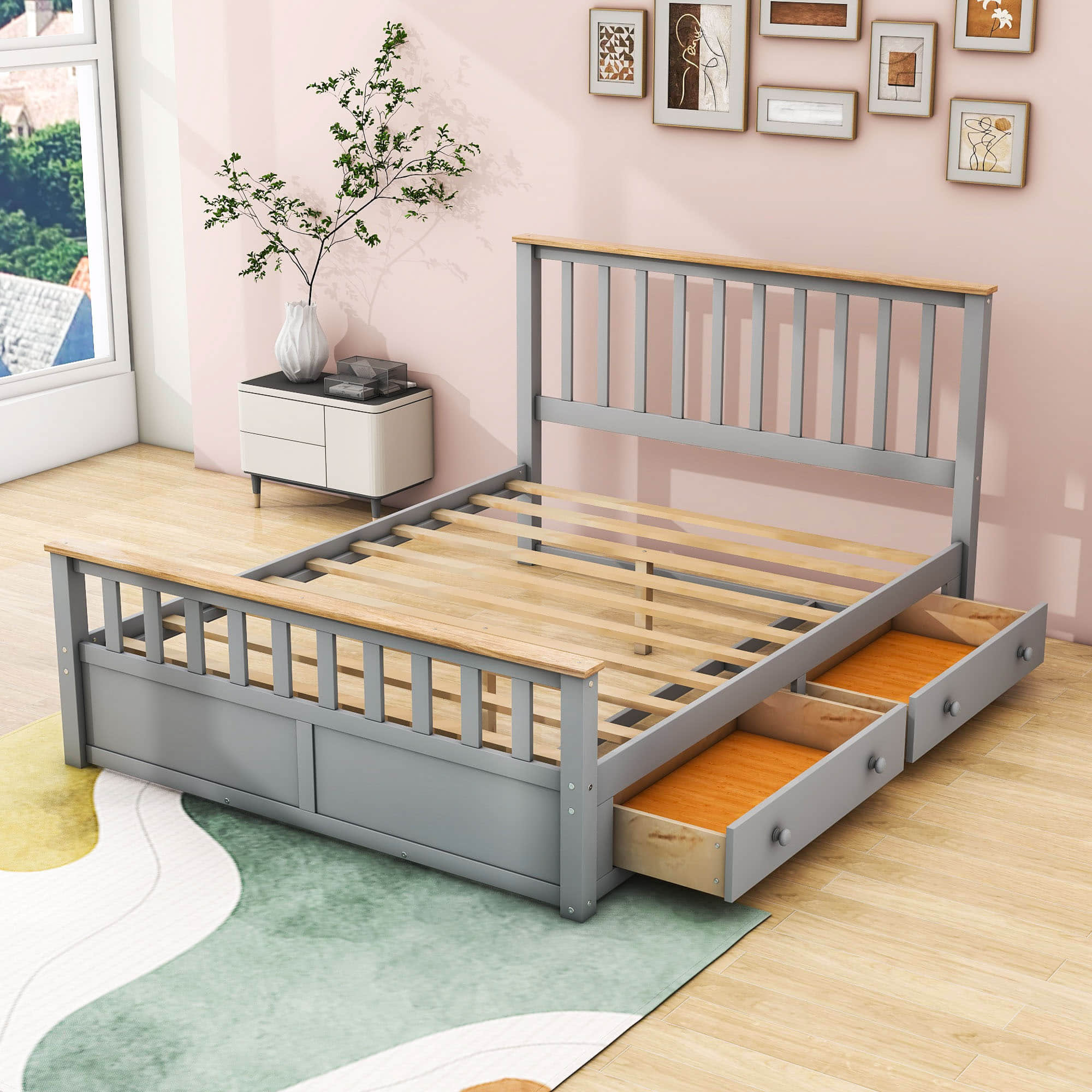 Wooden Queen Size Platform Bed Frame with Storage and Slat Headboard