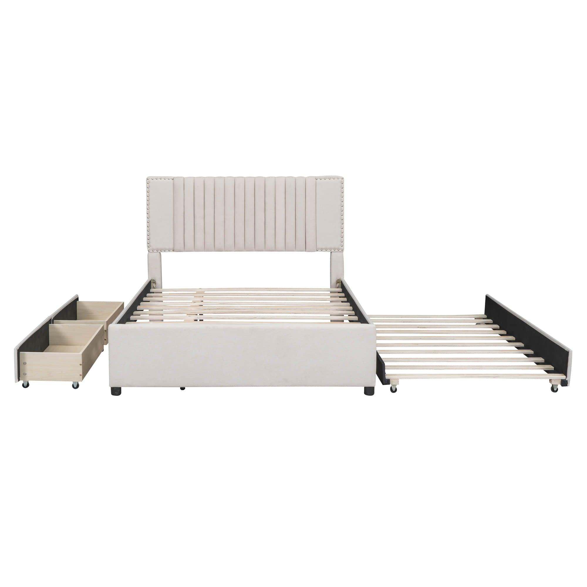 Upholstered Full Size Platform Bed Frame with Storage and Twin Trundle - [Drawers, Headboard]