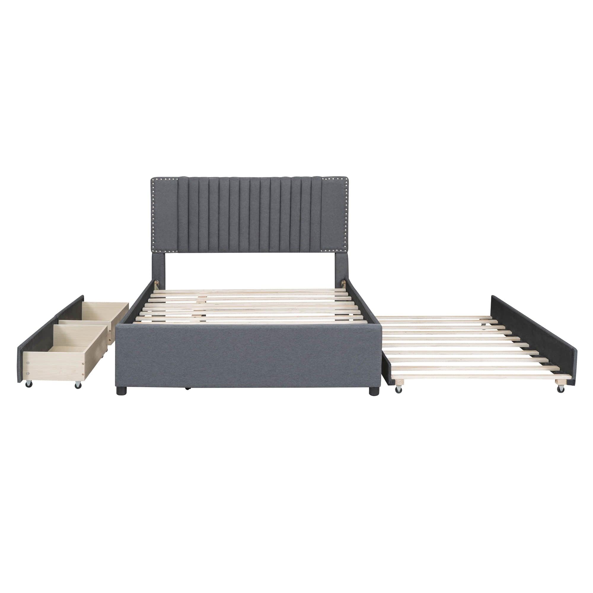 Upholstered Full Size Platform Bed Frame with Storage and Twin Trundle - [Drawers, Headboard]