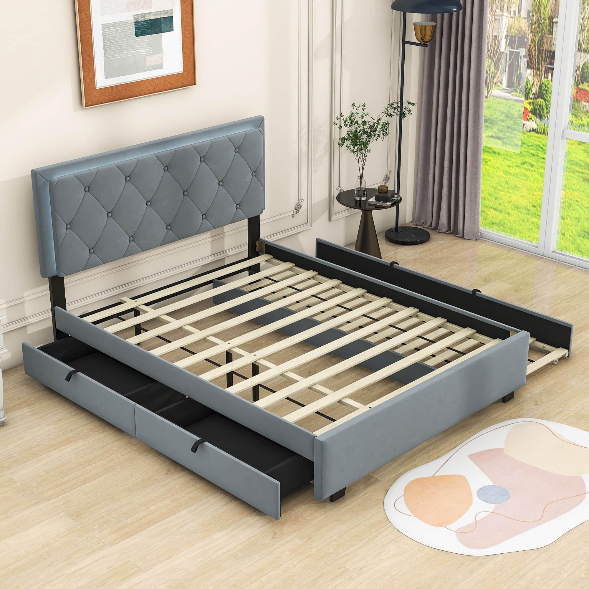 Queen Velvet Upholstered Platform Bed Frame with Twin XL Trundle and Storage