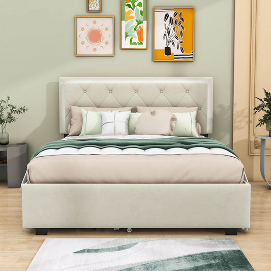 Queen Velvet Upholstered Platform Bed Frame with Twin XL Trundle and Storage