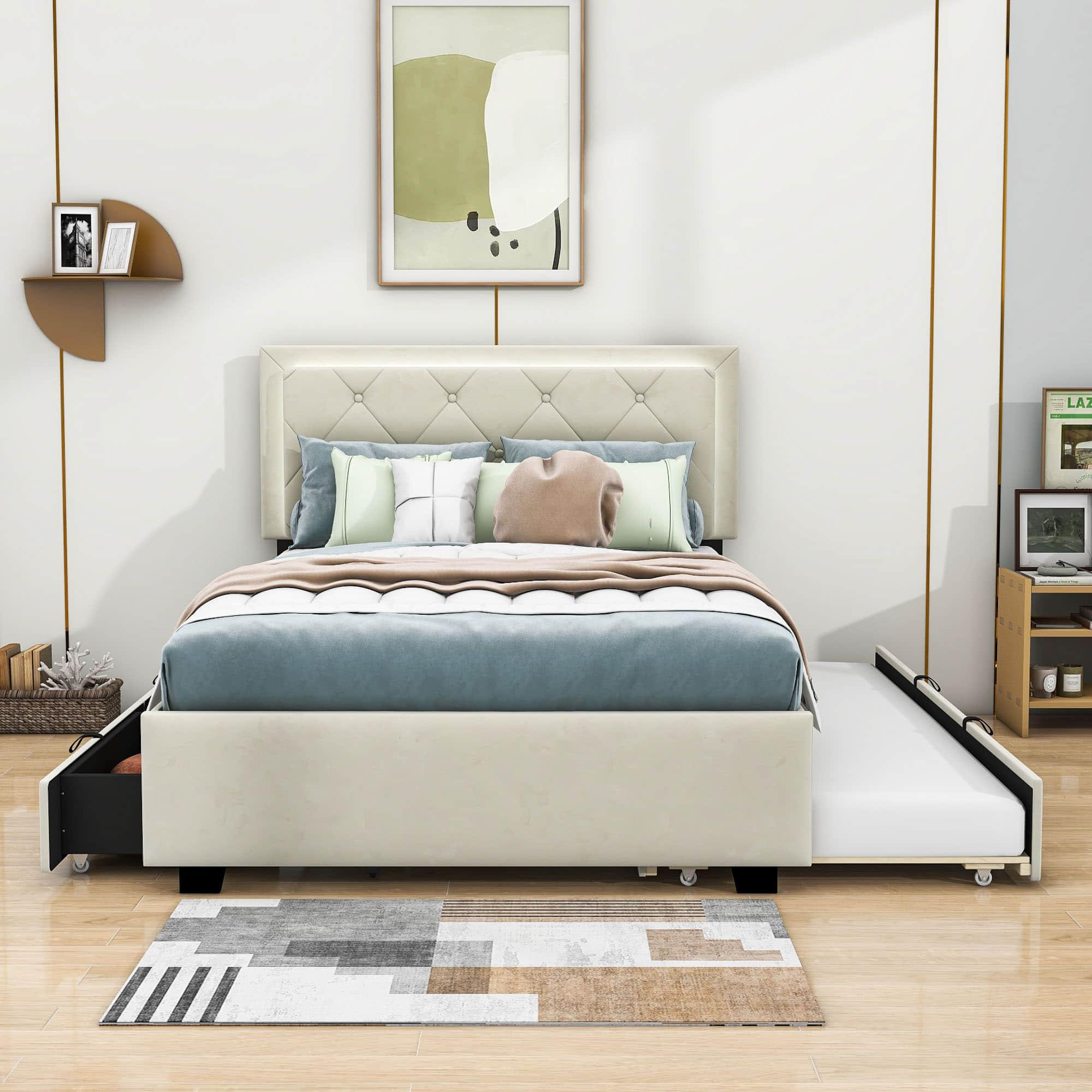 Full Velvet Upholstered Platform Bed Frame with Twin Trundle and Storage