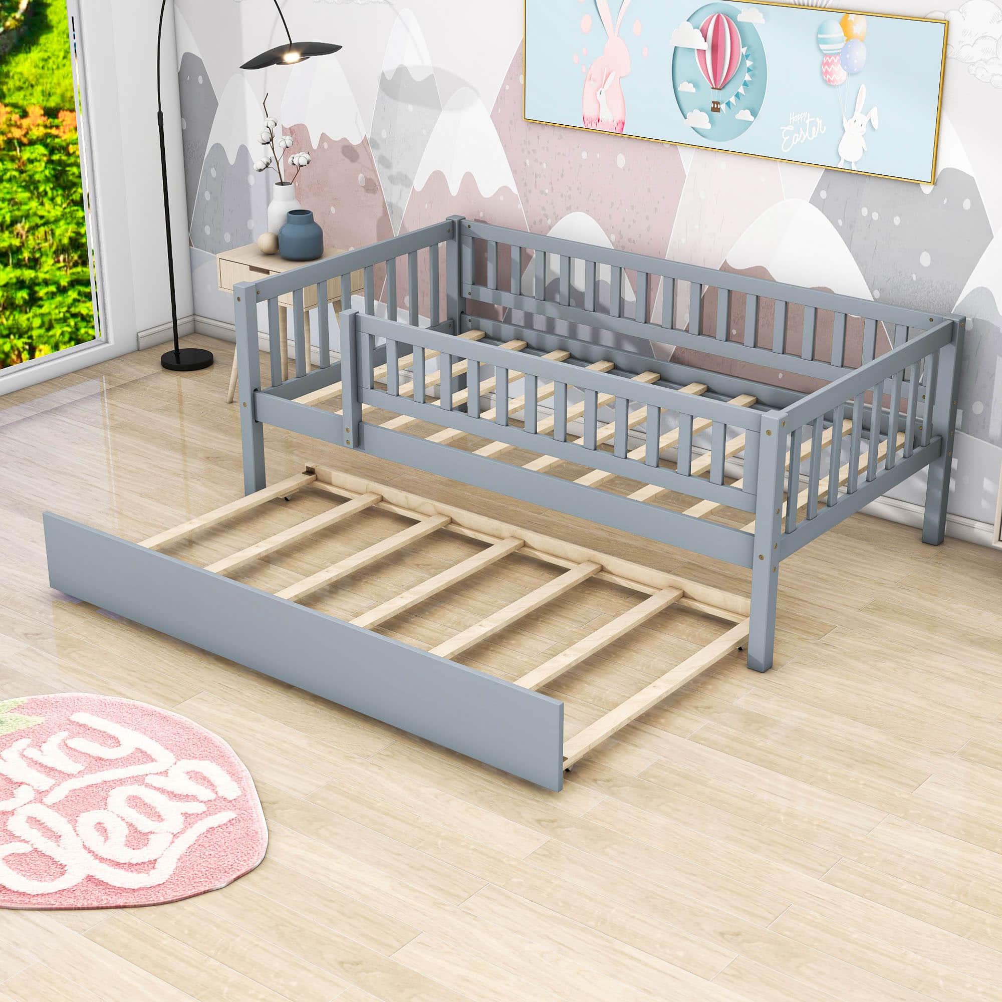 Wooden Twin Low Kids Bed with Twin Size Trundle and Rails