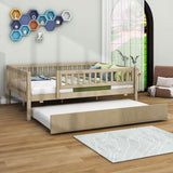 Wooden Full Size Low Kids Bed with Twin Size Trundle and Rails