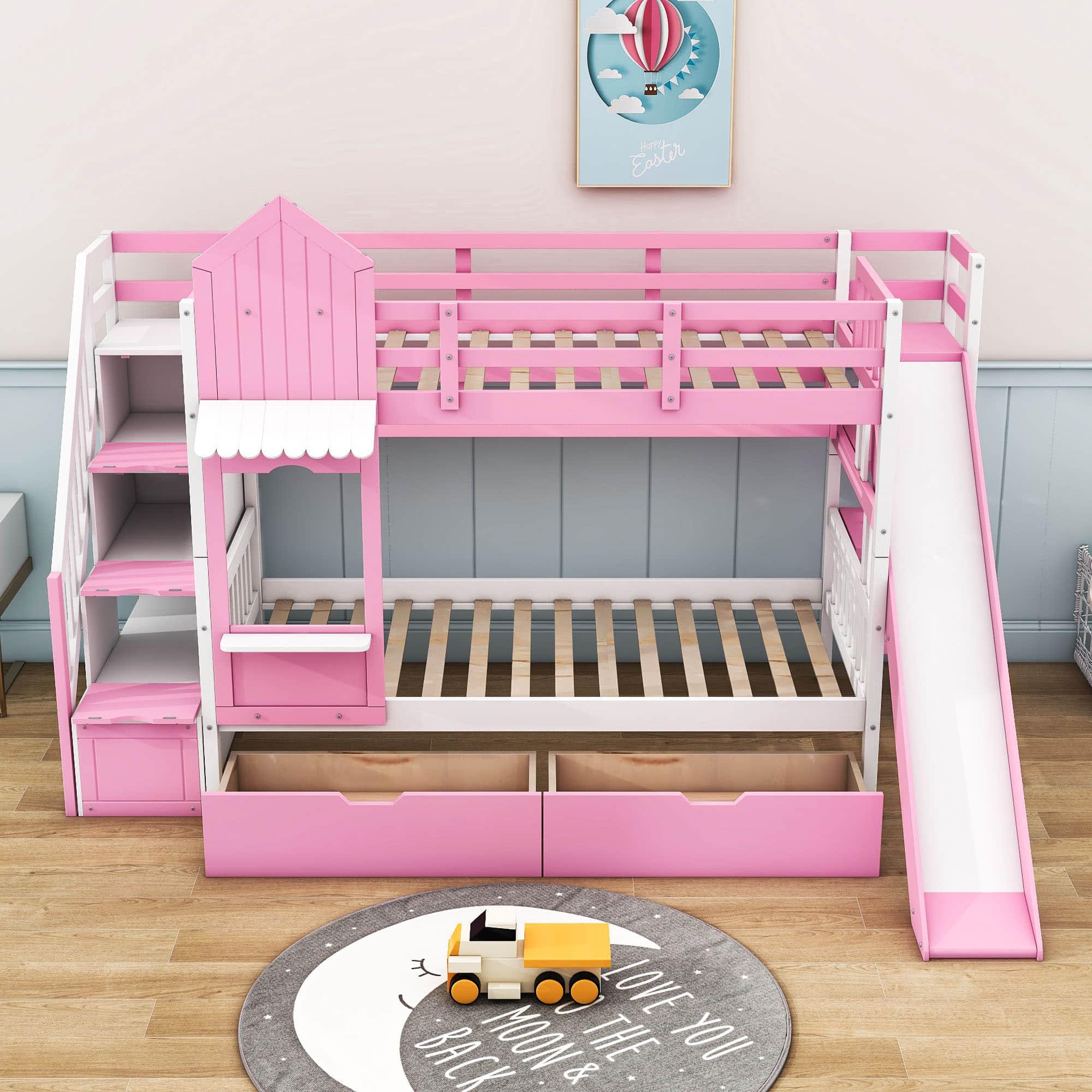 Girls Twin Over Twin Castle Bunk Bed with Slide and Stairs, Storage