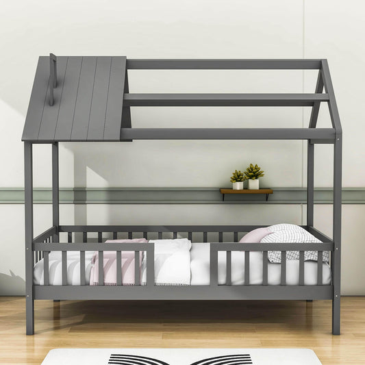 Twin Size Montessori Wooden Kids Low Farmhouse Bed Frame with Rails