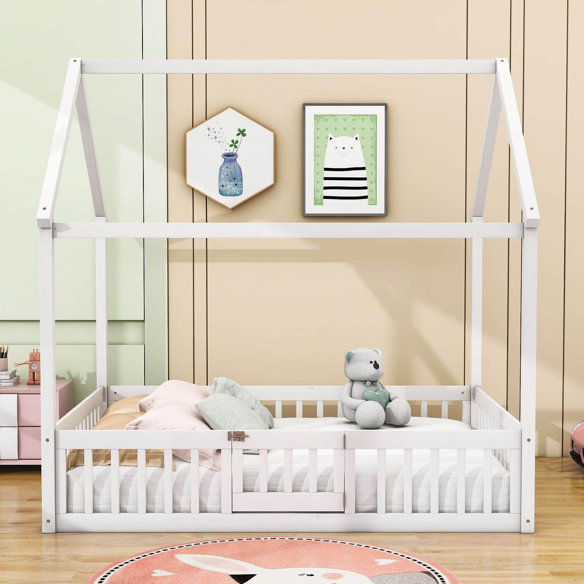 Full Size Wood House Toddler Floor Bed with Rails and Door