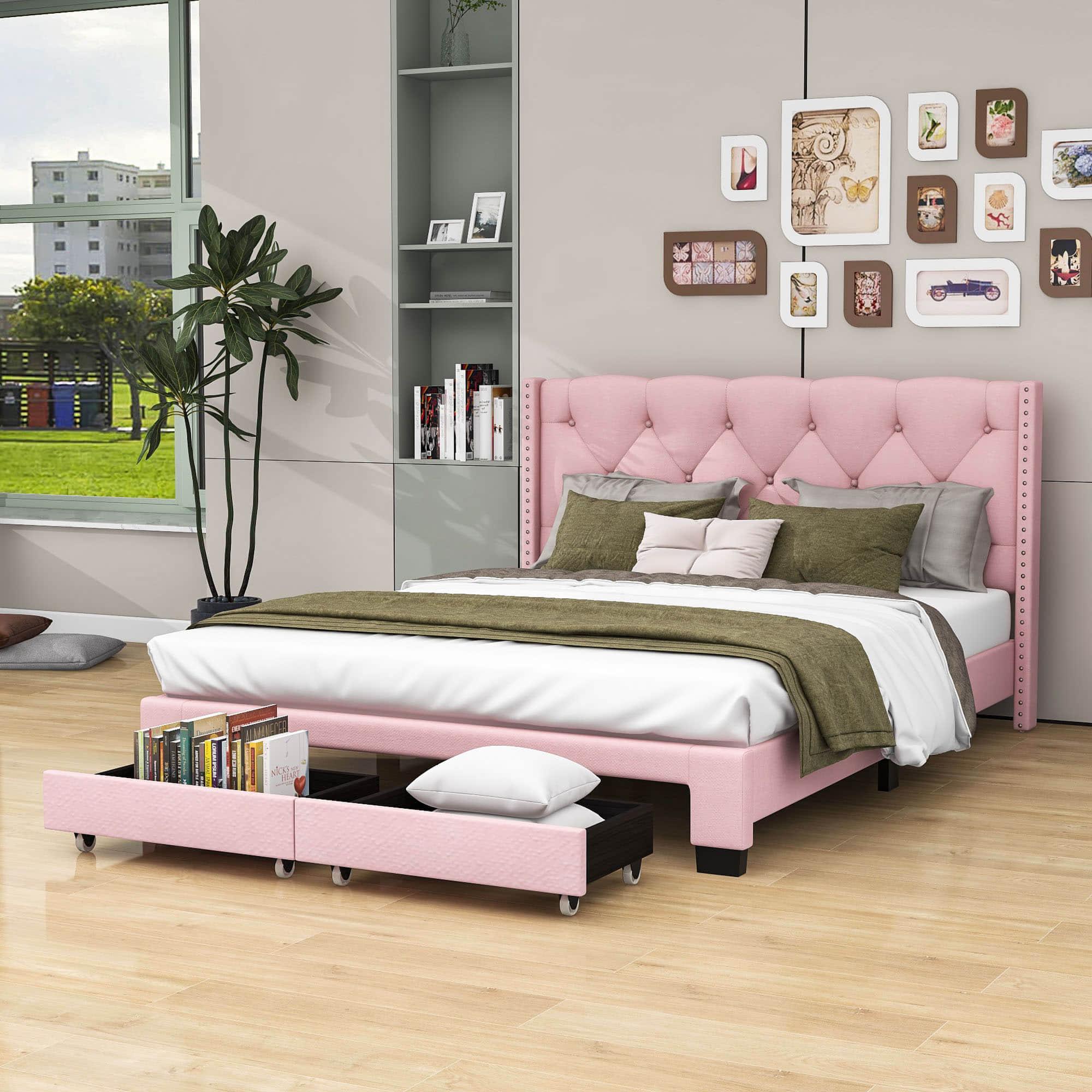 Queen Pink Upholstered Storage Bed Frame with Headboard, Drawers