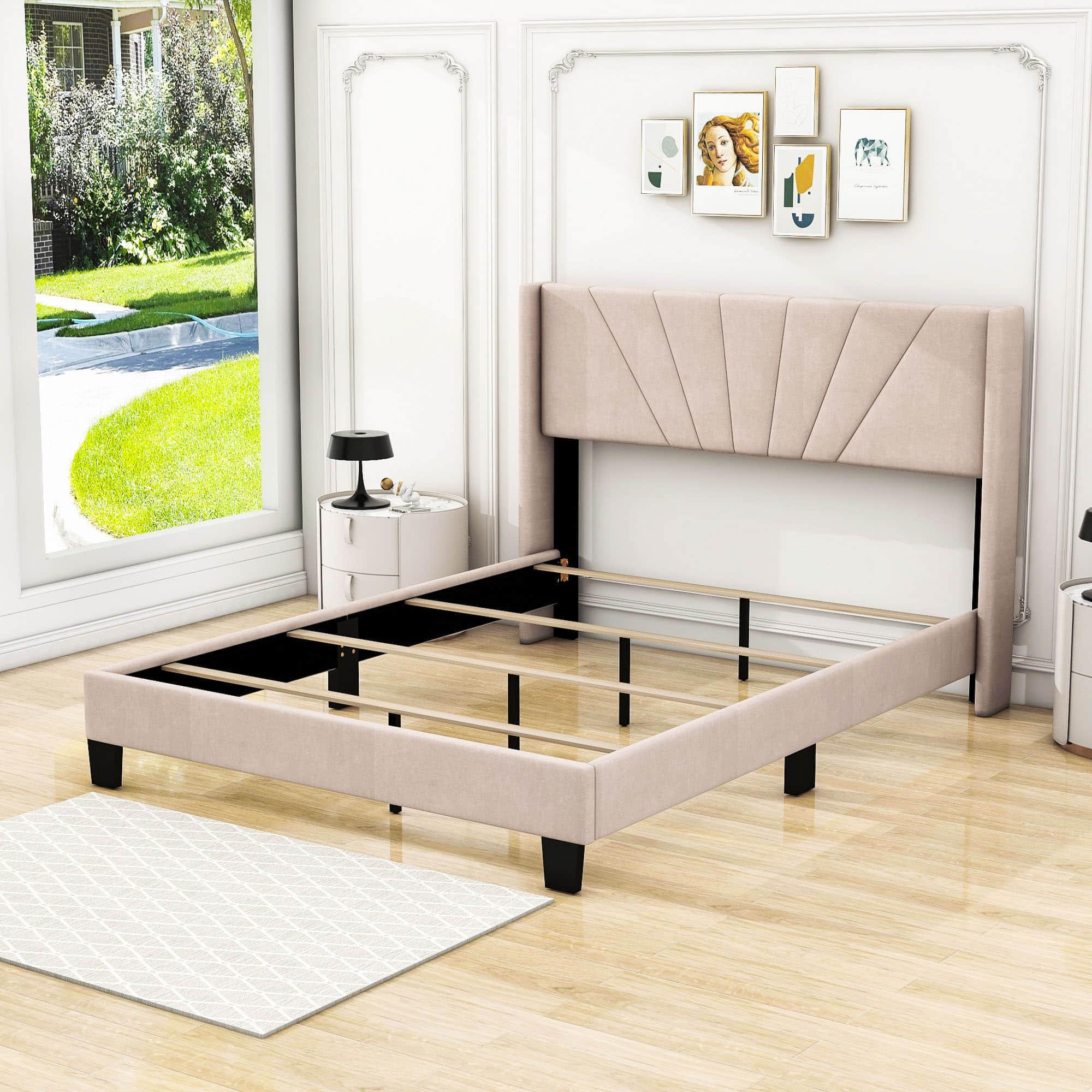 Queen Size Velvet Upholstered Platform Bed Frame with Headboard