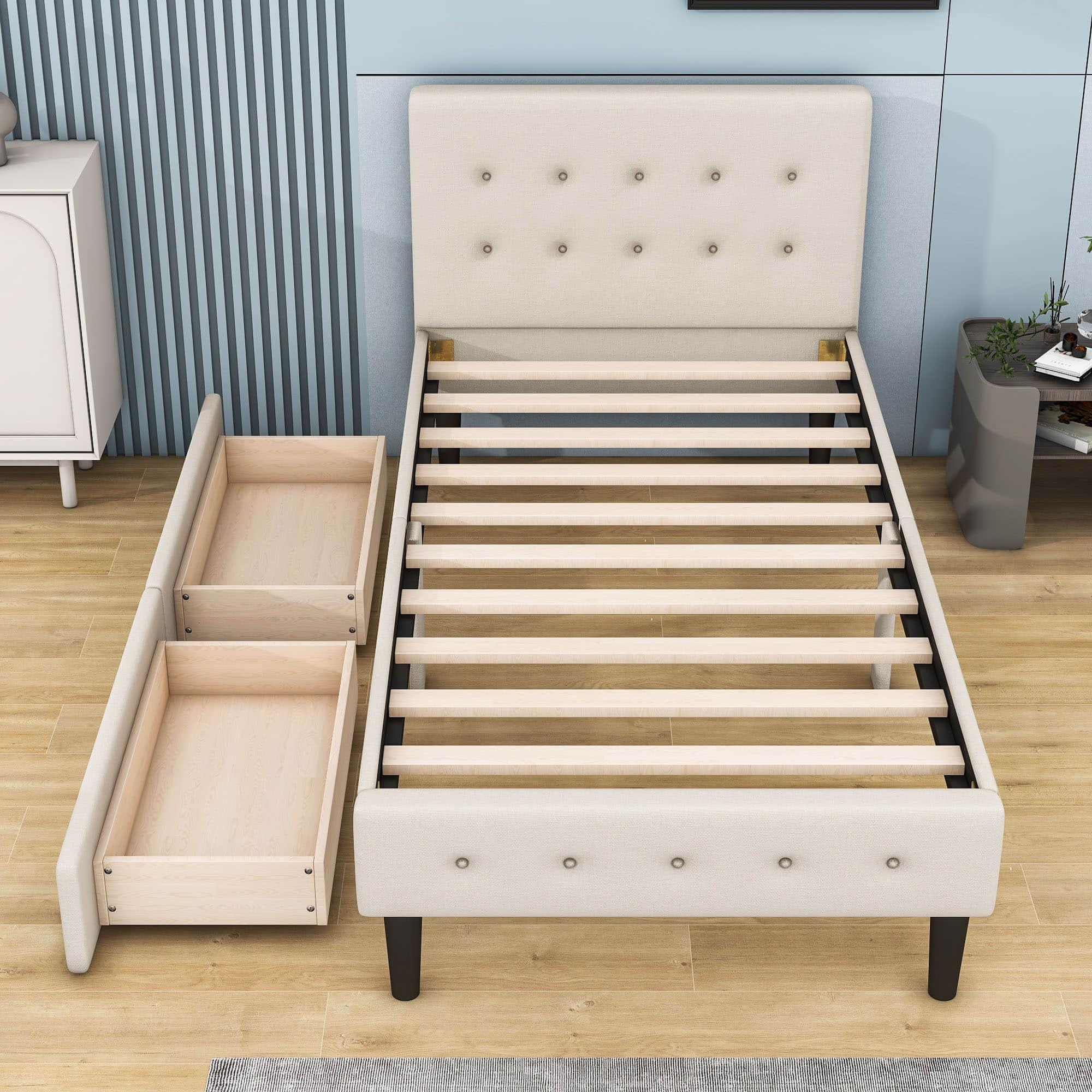 Modern Twin Size Upholstered Platform Bed with Under Bed Storage Drawers