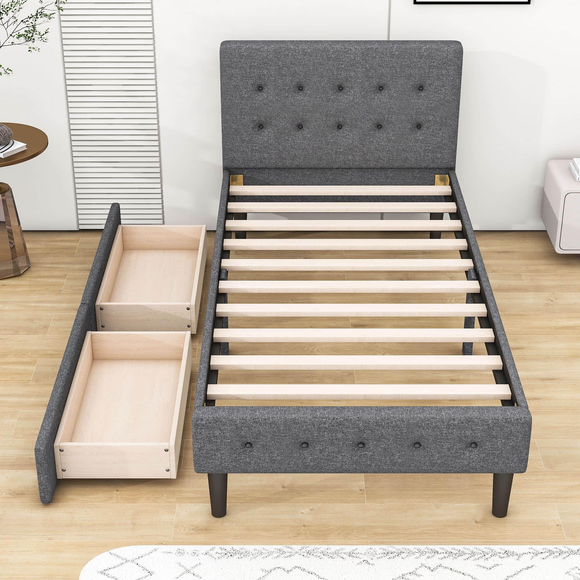 Modern Twin Size Upholstered Platform Bed with Under Bed Storage Drawers