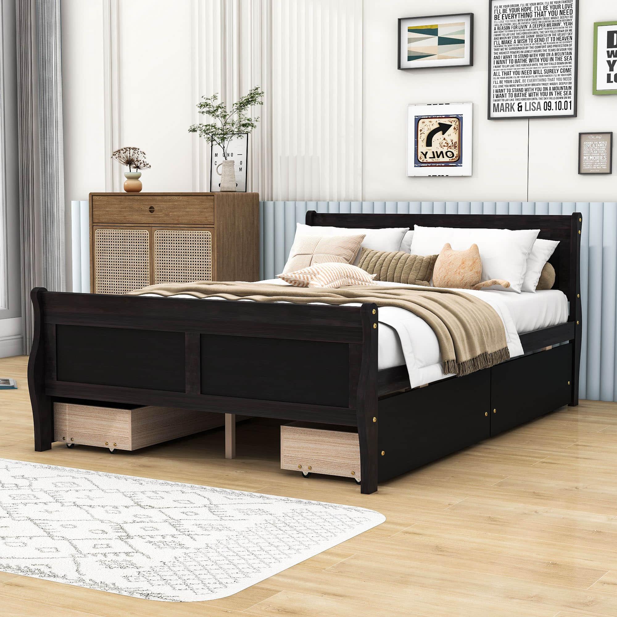 Wood Full Size Sleigh Bed Frame with Headboard and Storage Drawers