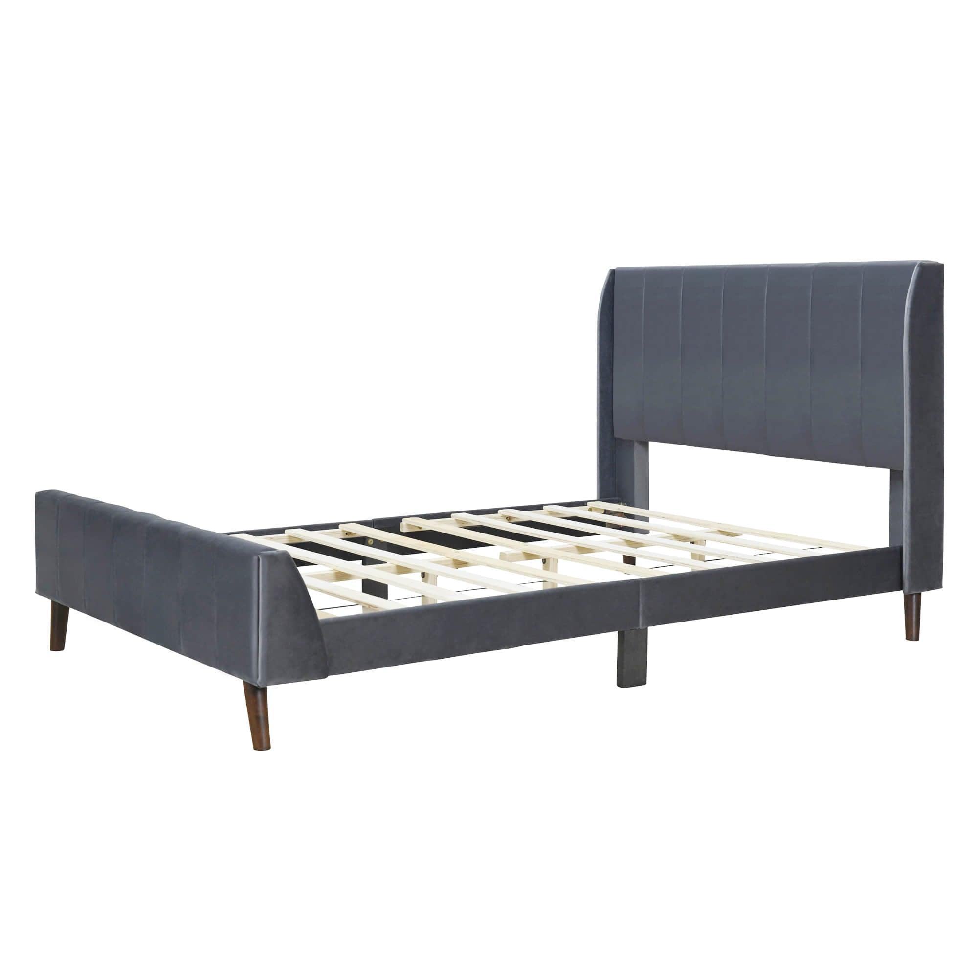 Modern Velvet Upholstered Full Size Bed Frame with Wingback Headboard