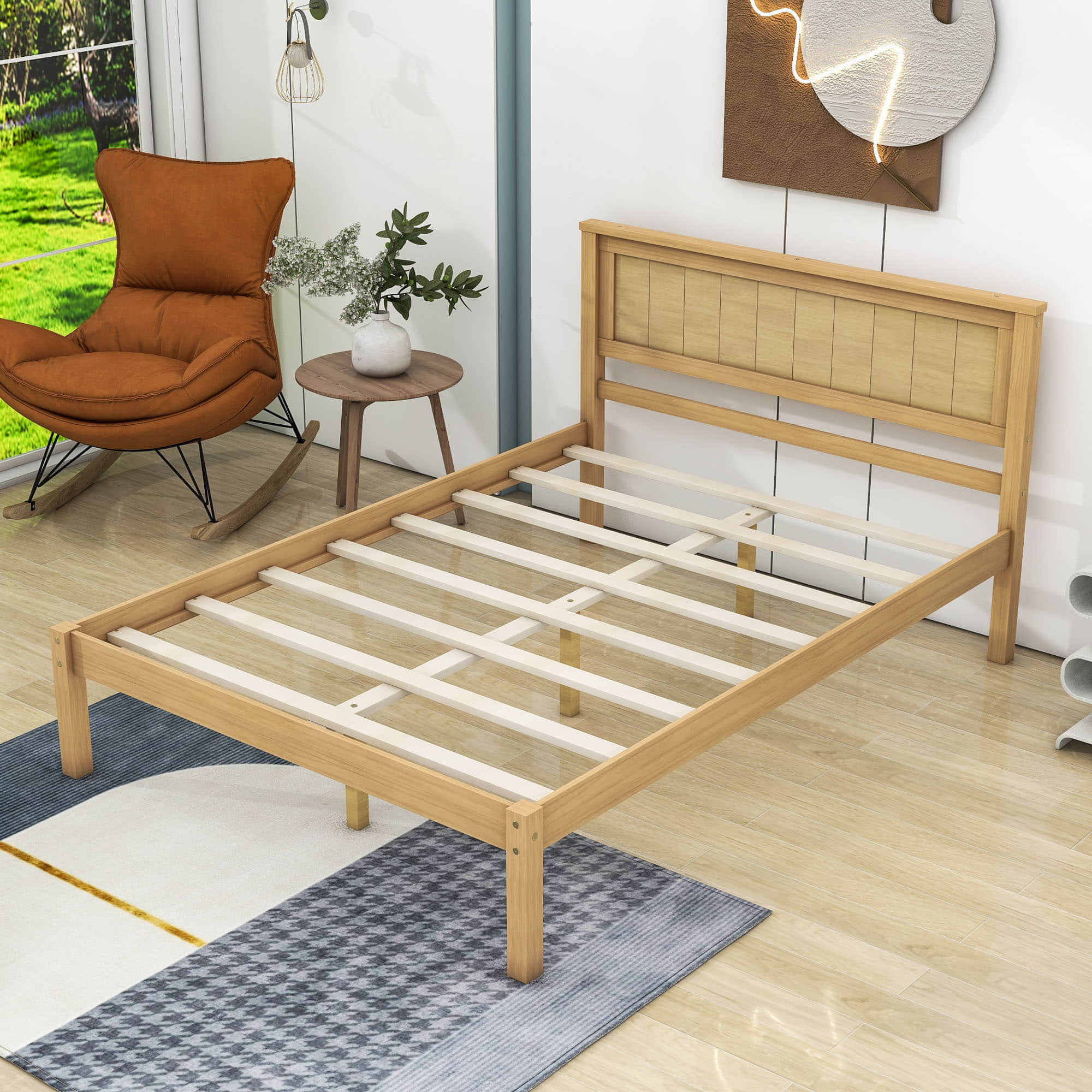 Wood Full Size Vintage Platform Bed Frame with Headboard